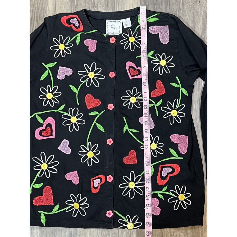 Michael Simon Lite Cardigan Women Medium Black‎ Floral Embroidery Sweater Boho - Picture 10 of 12